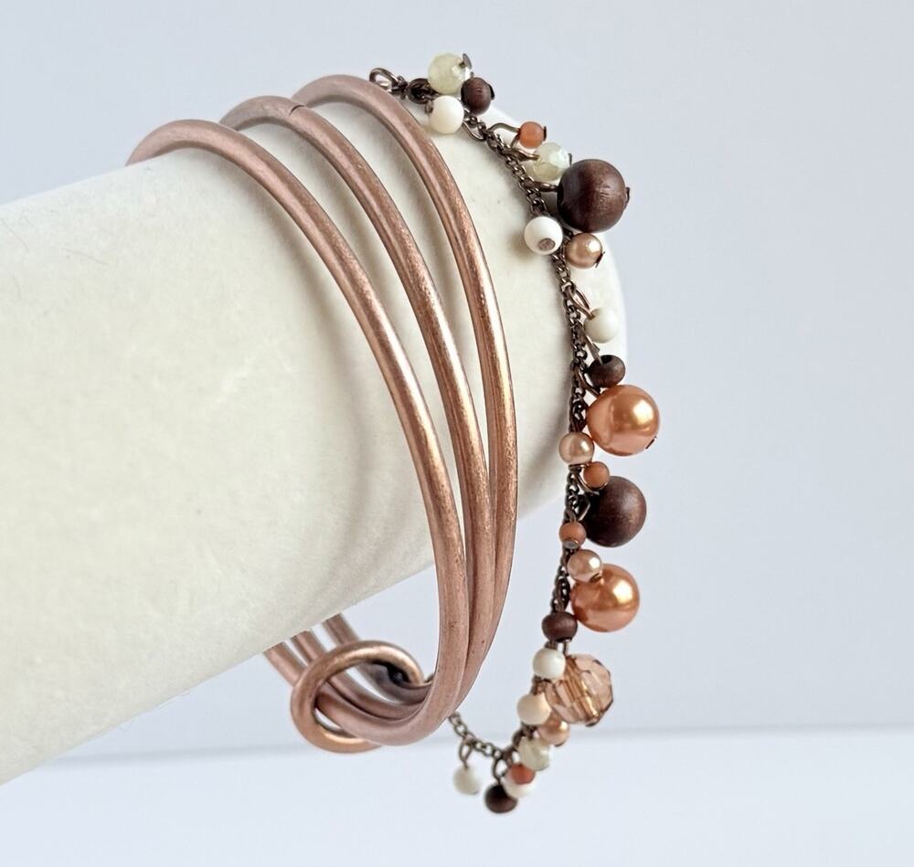 Artisan Copper Triple Coil Bangle Bracelet Mixed Bead Accent Boho Earth Tone